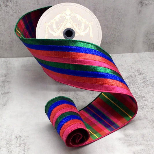 A spool of 4-inch metallic dupion stripe plaid in red, blue, and pink colors.