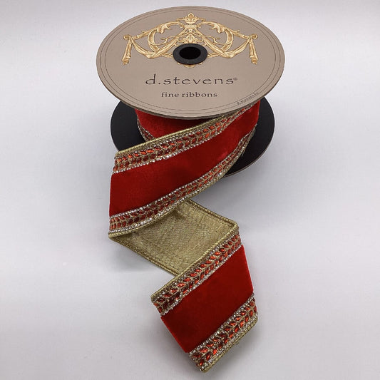 Spool of red and gold ribbon with 'd.stevens' branding on a white background