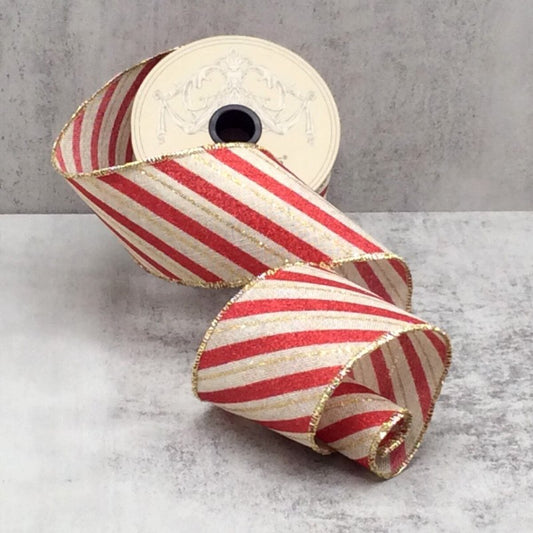 Red and white striped ribbon with gold edge on a gray background