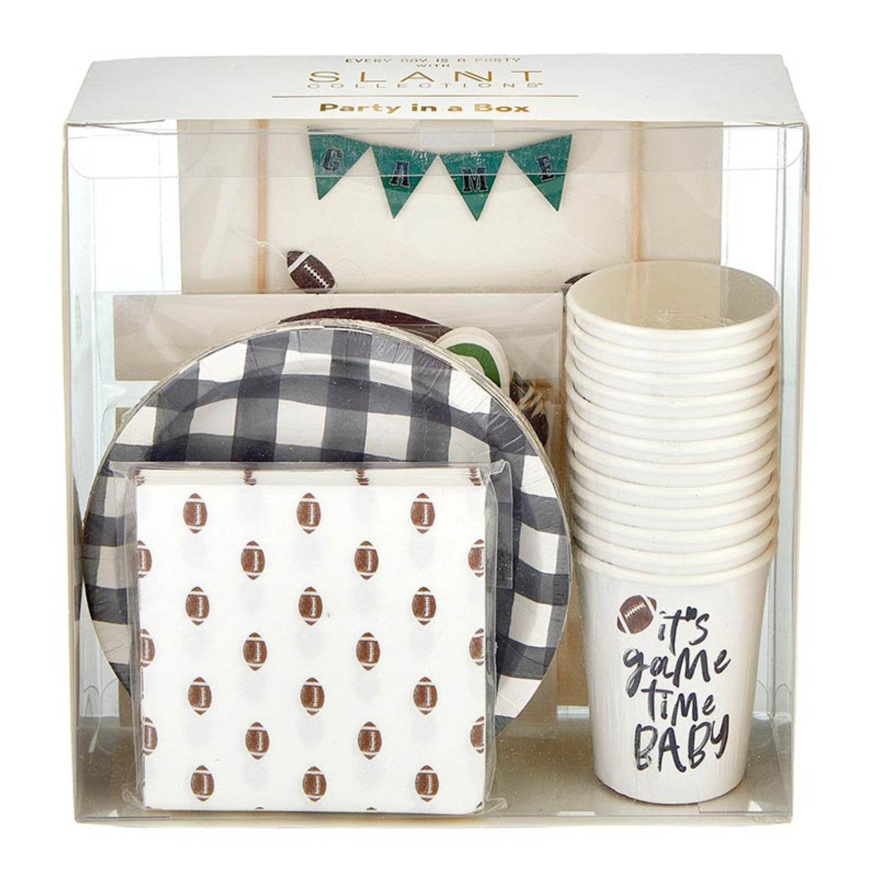 Party supplies set including plates, cups, and napkins in a clear box packaging.