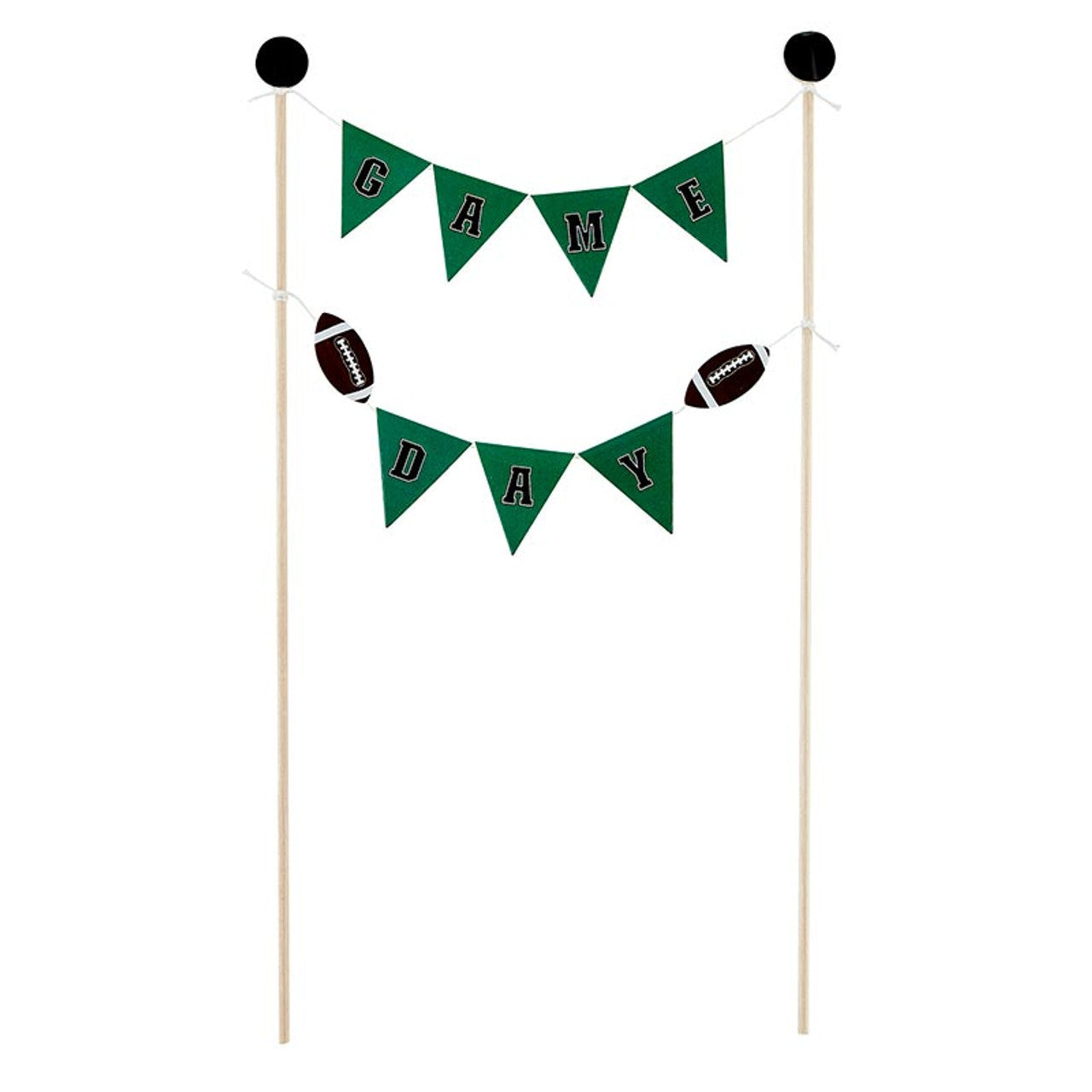 Decorative banner with 'Game Day' text and footballs on sticks against a white background