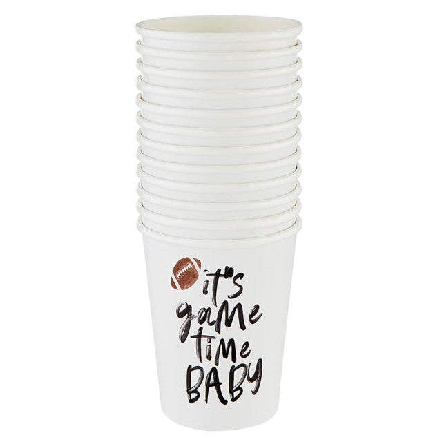 Stack of white paper cups with 'it's game time BABY' text and football graphic on a white background