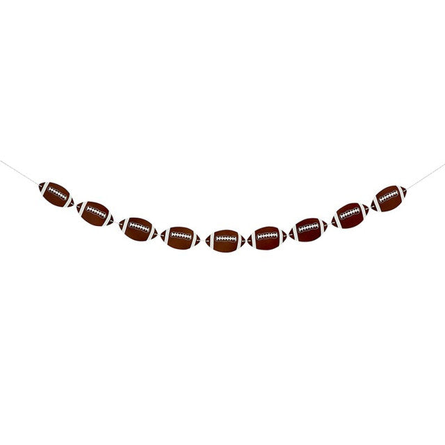 String of football-shaped decorations on a white background
