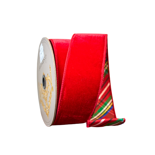 Red ribbon with plaid pattern on a white background