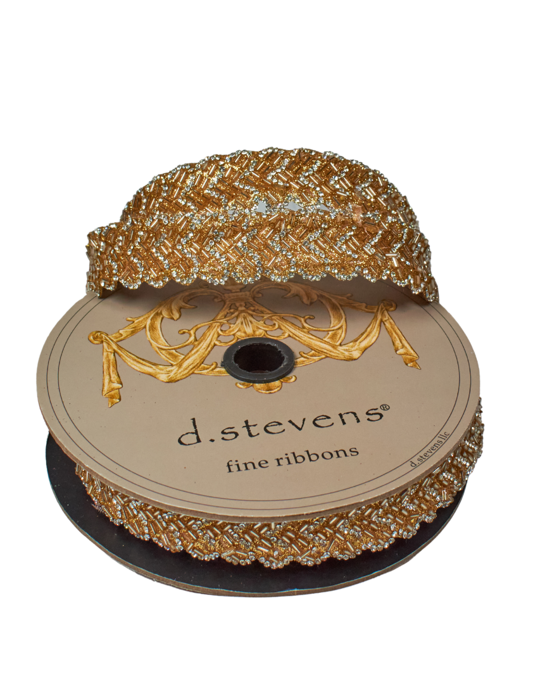 Spool of rose gold ribbon with decorative design on a white background