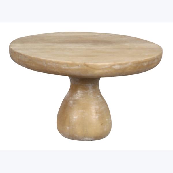 A beige natural wood pedestal with a round top and a tapered base.