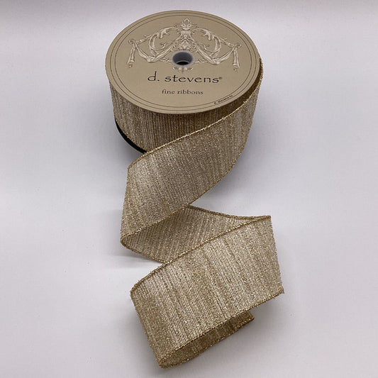Spool of gold lame mesh ribbon with 'd. stevens' label on a white background