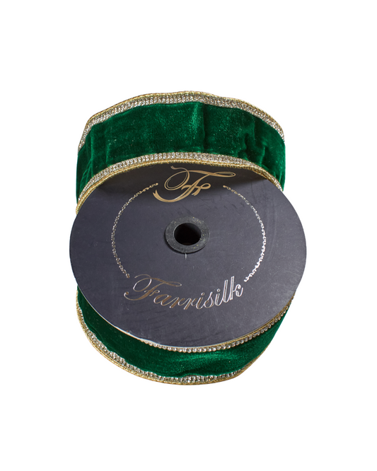 Spool of green ribbon with decorative trim on a white background