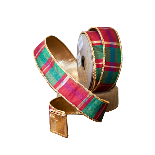 Plaid ribbon with gold edge on a white background