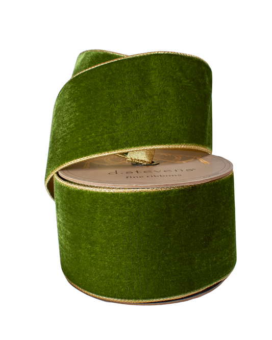 4" Forest Green Lush Velvet Metallic Light Gold Back Ribbon