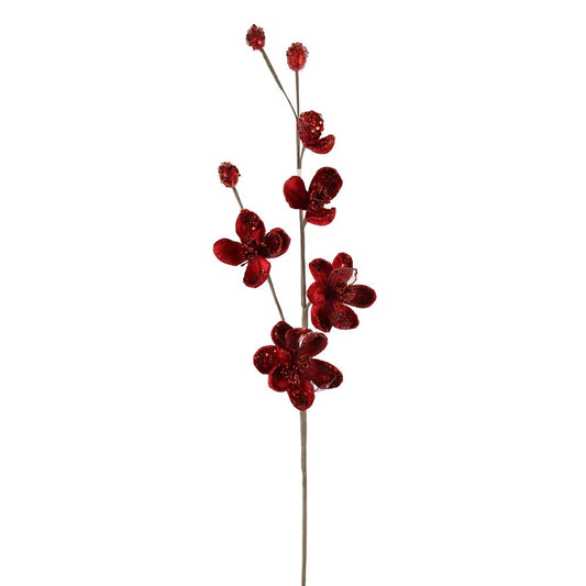 Red floral branch with glittery petals on a white background