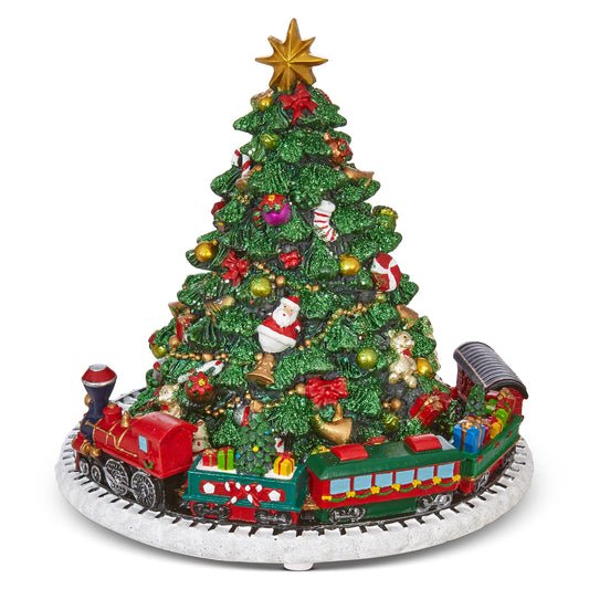 Decorative Christmas tree with train and ornaments on a white background
