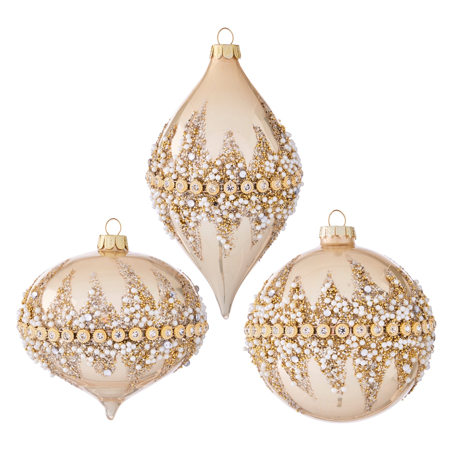 Three decorative Christmas ornaments with gold and pearl patterns on a white background