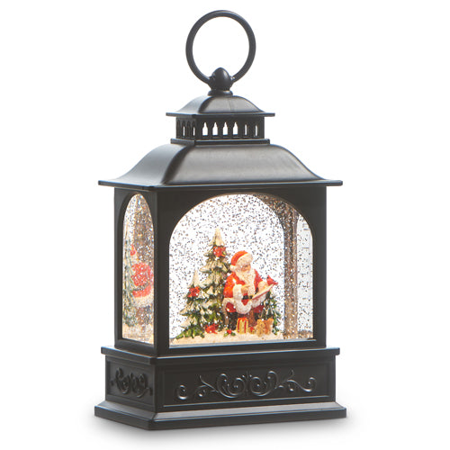 A black lighted lantern featuring a Christmas-themed design with Santa Claus, a Christmas tree, and snow.
