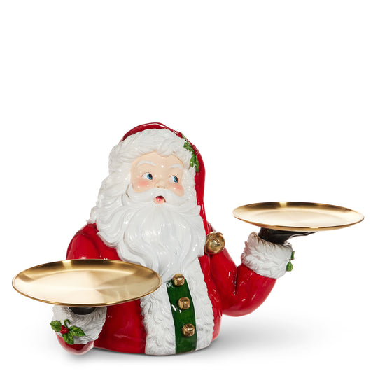 Santa Claus figurine holding two gold trays on a white background