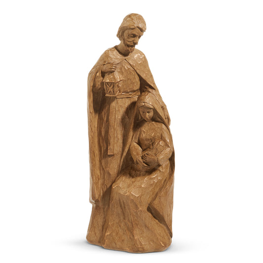 Wooden nativity scene figurine with two figures on a white background