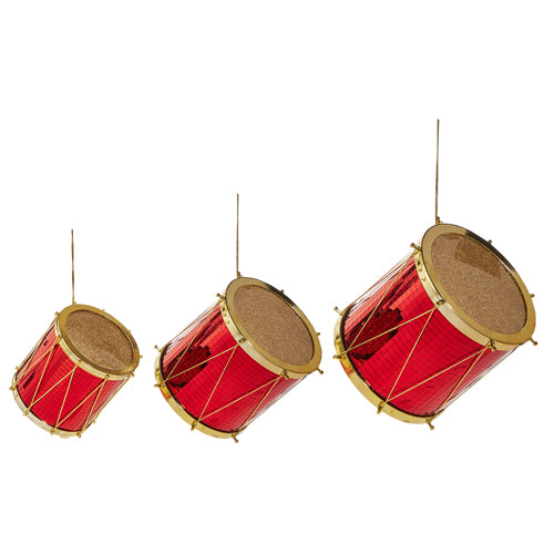 Three red drums ornament with gold accents on a white background