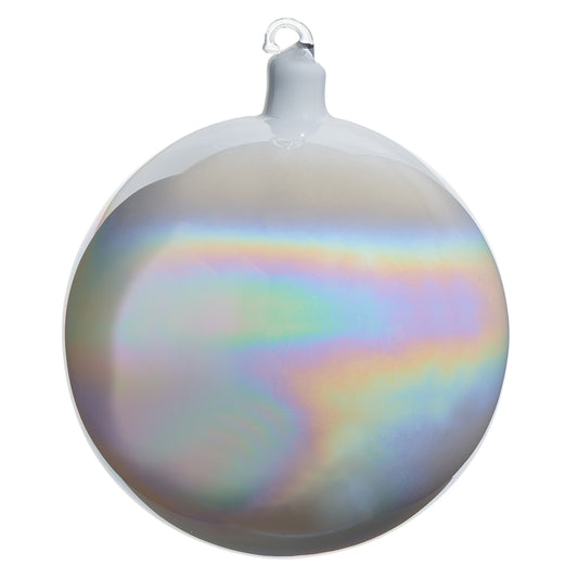 Iridescent Christmas ball ornament on a white background