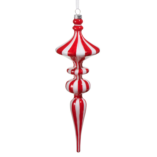 Red and white striped Christmas ornament on a white background