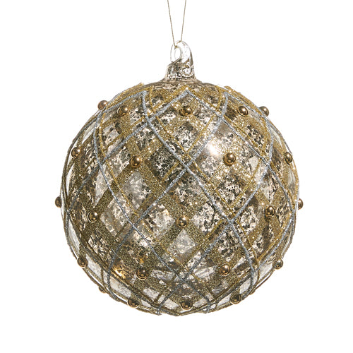 Decorative Christmas ball ornament with gold and silver pattern on a white background
