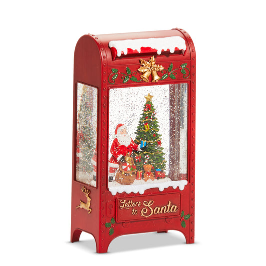 Red Christmas-themed mailbox with Santa Claus and a tree on a white background