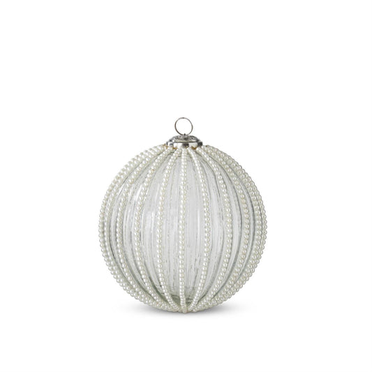 6" Round Clear Glass Ornament with White Pearl Beading
