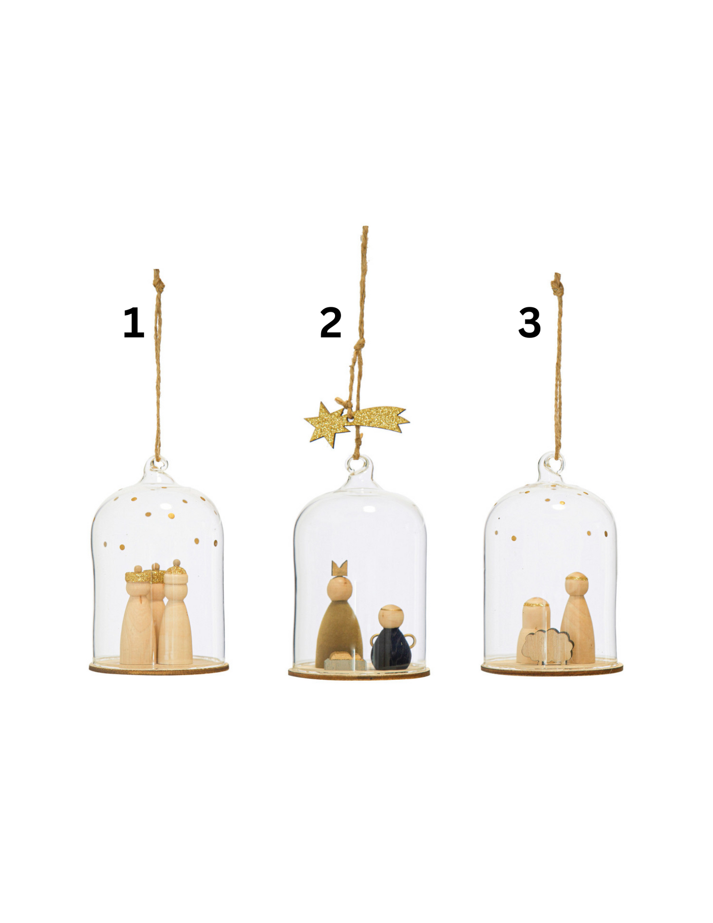 Glass Cloche Ornaments w/ Wood Nativity