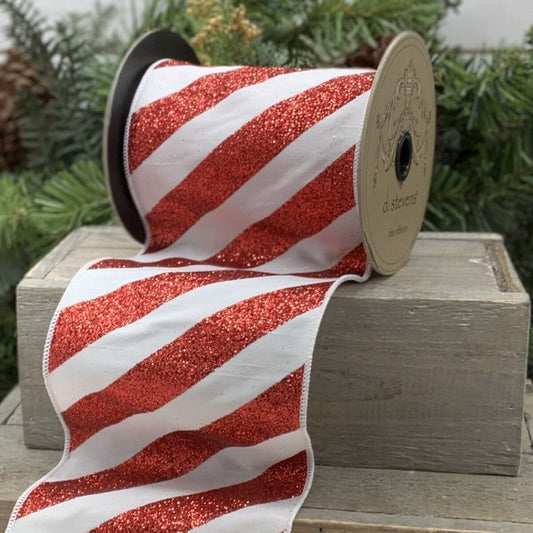 5" Red White Faux Dupion Glitter Diagonal Stripe Ribbon