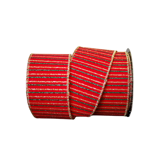 Red ribbon with gold and green stripes on a white background