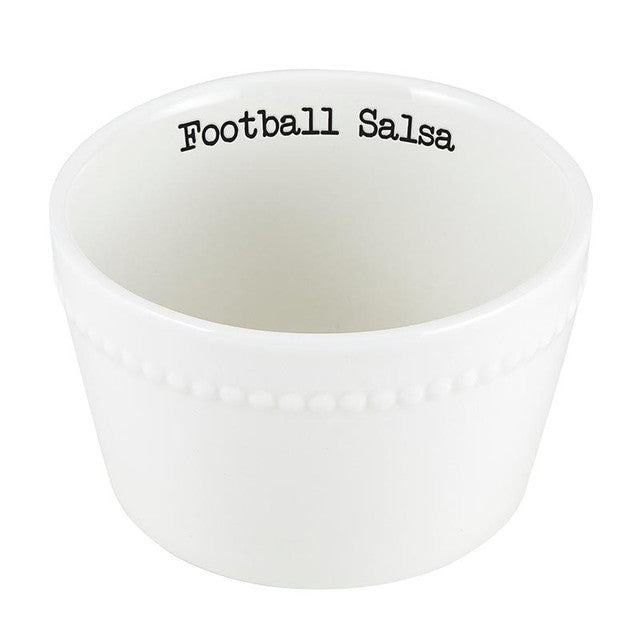 White bowl with 'Football Salsa' text on a white background