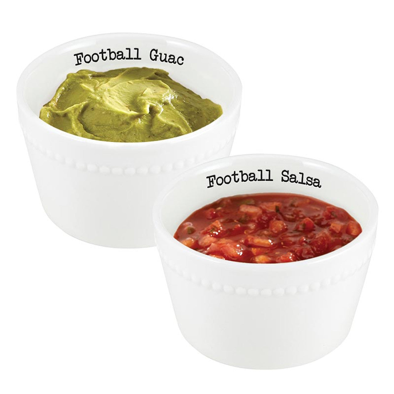 Two white bowls with 'Football Guac' and 'Football Salsa' text on a white background