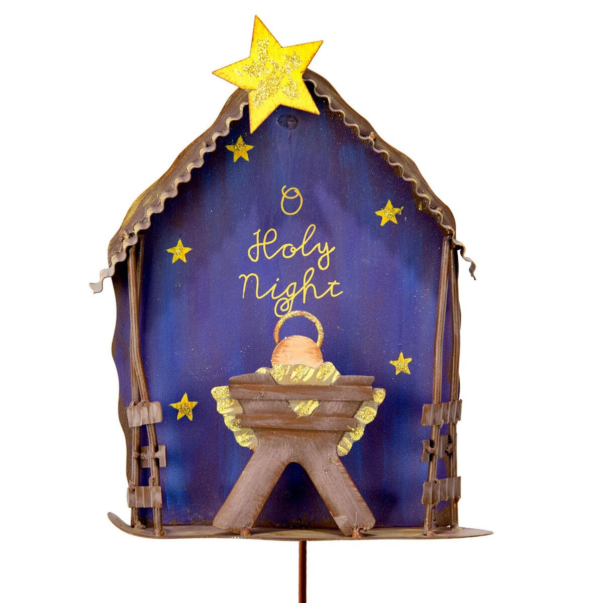 Decorative nativity scene with 'O Holy Night' text on a blue background