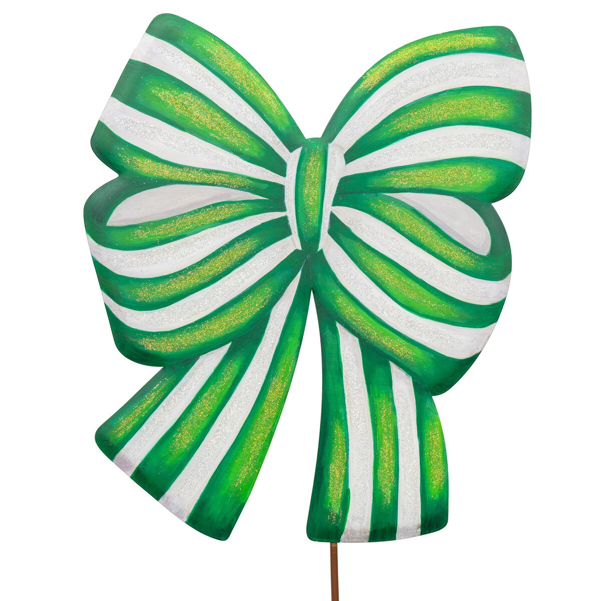 Green and white striped bow stake on a white background