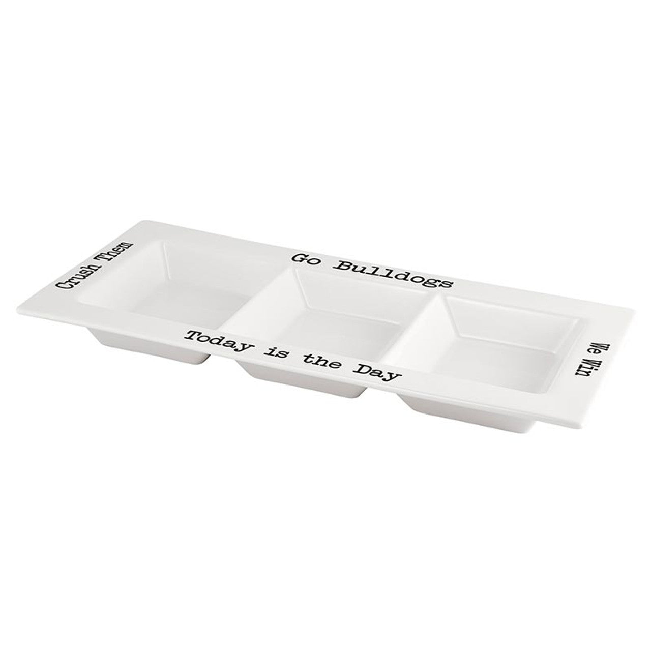 White divided serving tray with text on a white background