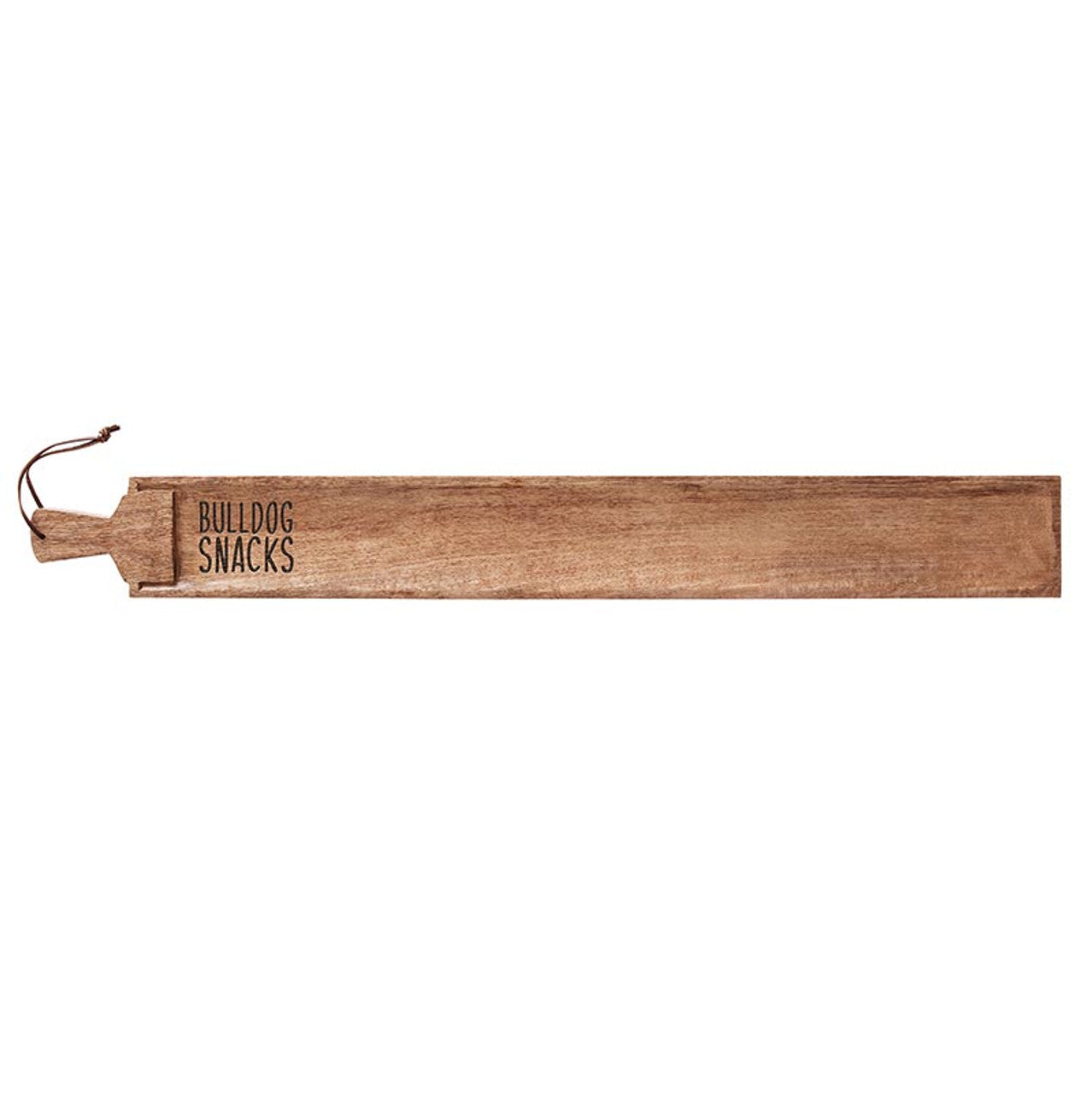 Wooden serving board with 'Bulldog Snacks' engraving on a white background