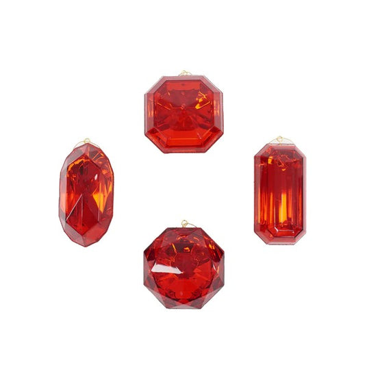 A set of four red faceted jewel ornament pieces of different sizes with gold-colored clasps.