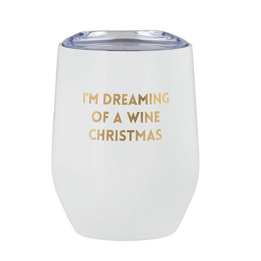 White wine tumbler with gold text 'I'm Dreaming of a Wine Christmas' on a white background