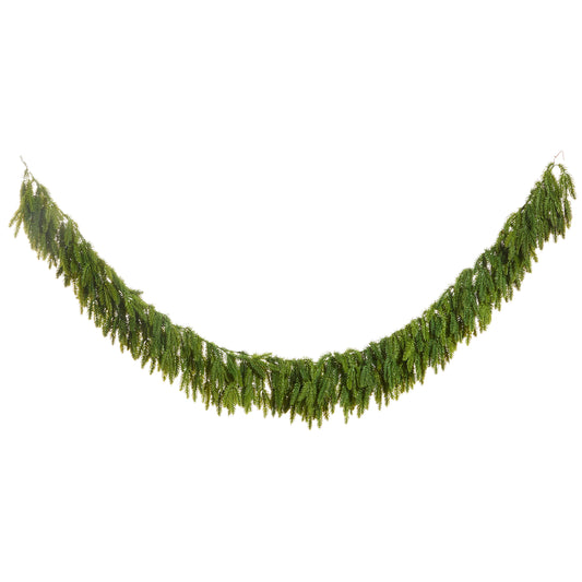 Green artificial Christmas garland on a white background