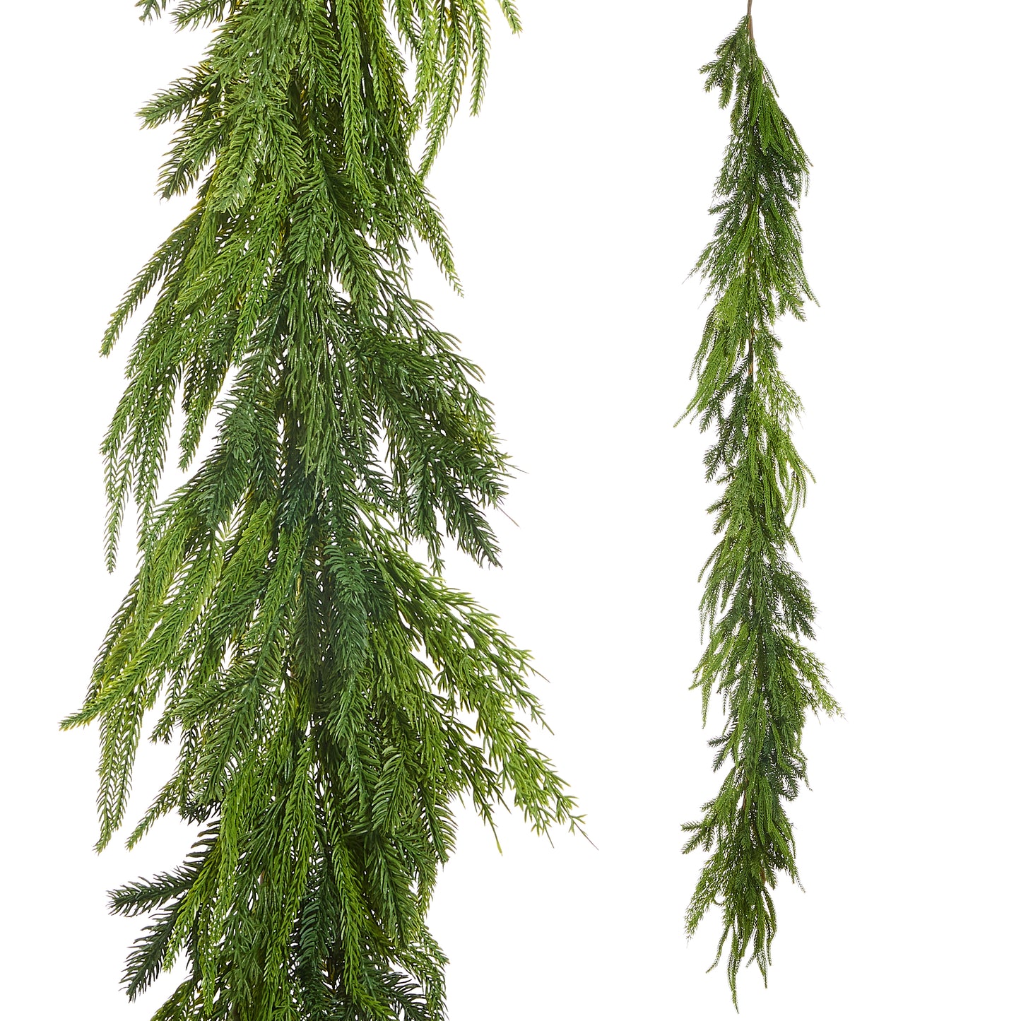 Two artificial green garlands on a white background