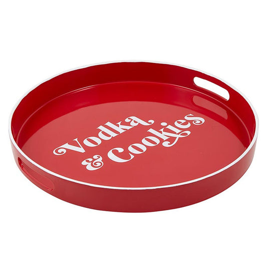 Red tray with 'Vodka & Cookies' text on a white background