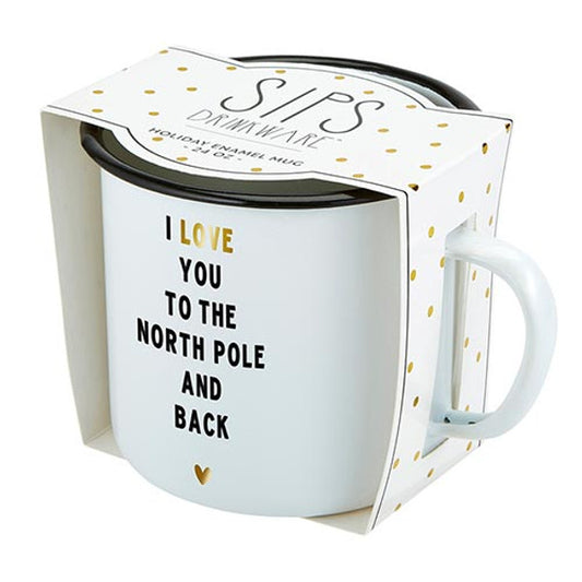 White mug with text 'I love you to the North Pole and back' in a decorative box.