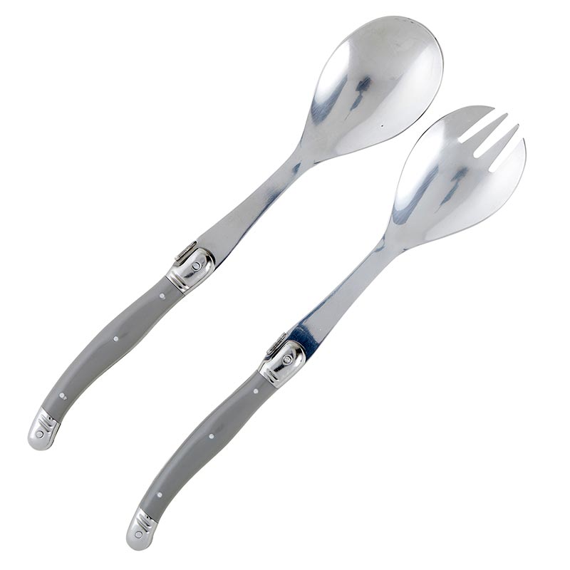 Serving spoon and fork set with gray handles on a white background