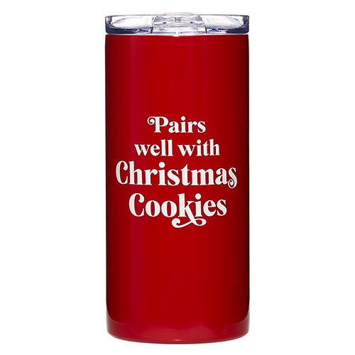 A red stainless steel travel tumbler with a clear plastic lid, featuring the text 'PAIRS WELL WITH CHRISTMAS COOKIES' printed on the side.