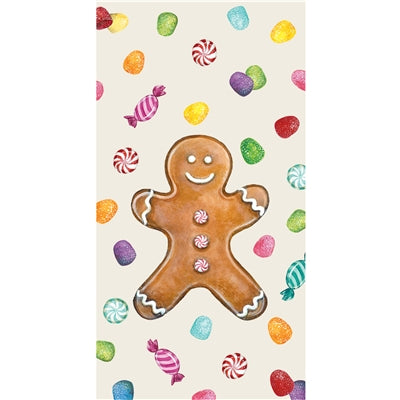 Gingerbread man with colorful candy pattern on a white background guest napkin