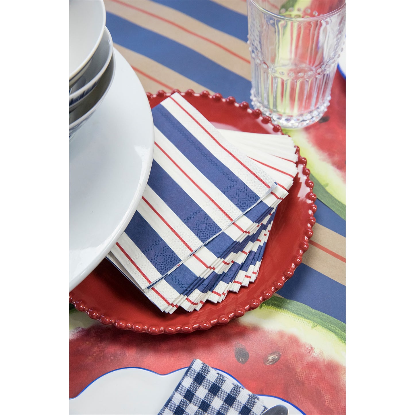 Navy and Red Awning Stripe Cocktail Napkin