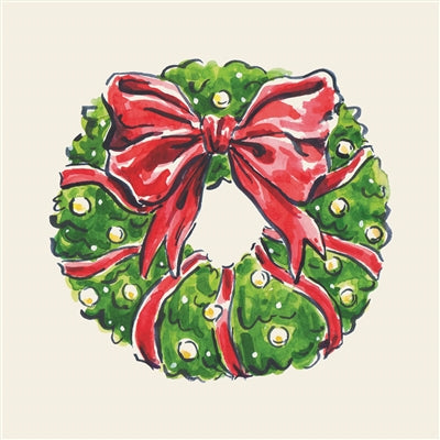 Christmas wreath with a red bow on a beige background cocktail napkin
