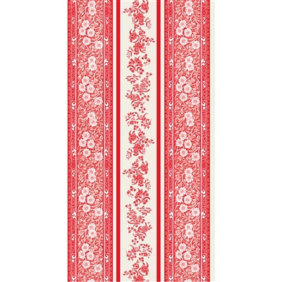 Red and white striped pattern with floral designs on a white background