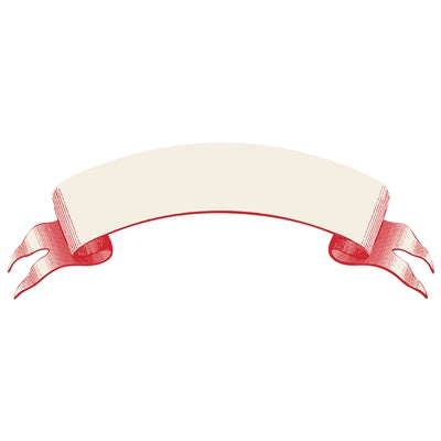 Decorative red paper accent card shaped as a ribbon banner on a white background