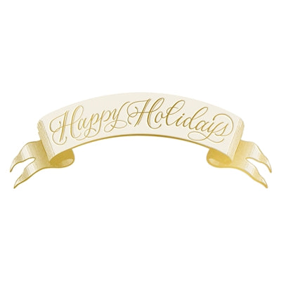 Gold 'Happy Holidays' banner on a white background
