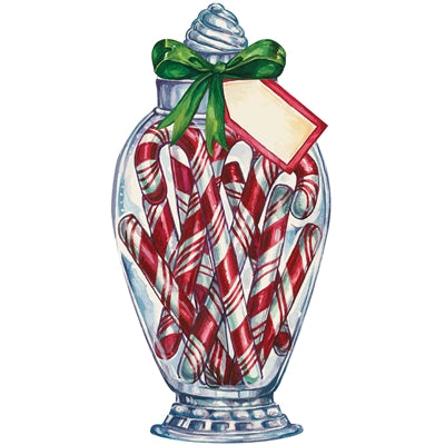 Decorative jar filled with candy canes and a green bow on a white background